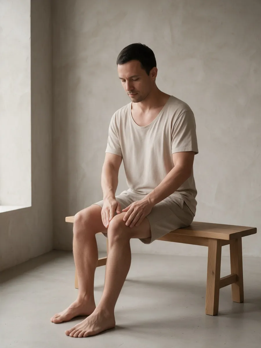 A man sitting on a bench with his hands on his thigh, moving the skin towards the groin: a step of the routine for heavy legs
