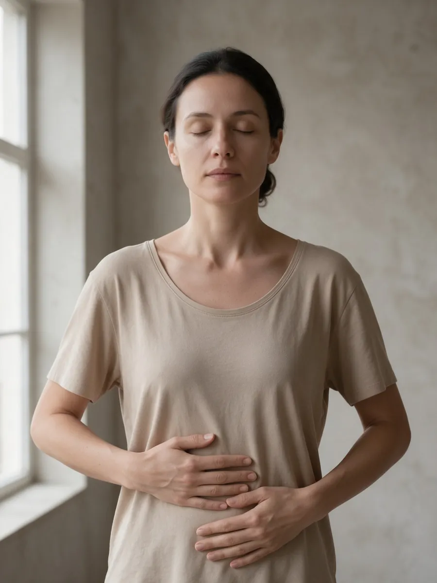 A woman sitting with her hands flat on her stomach, breathing slowly: the first step of the stomach routine
