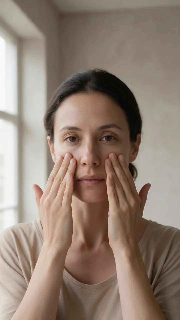 A woman with flat fingers on her cheeks, moving the skin towards her ears: the move of the routine for a puffy face