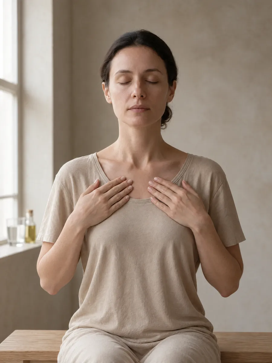 A woman sitting by the window with her eyes closed and her hands flat below her collarbones; on the sill, a glass of water and an unopened bottle of oil