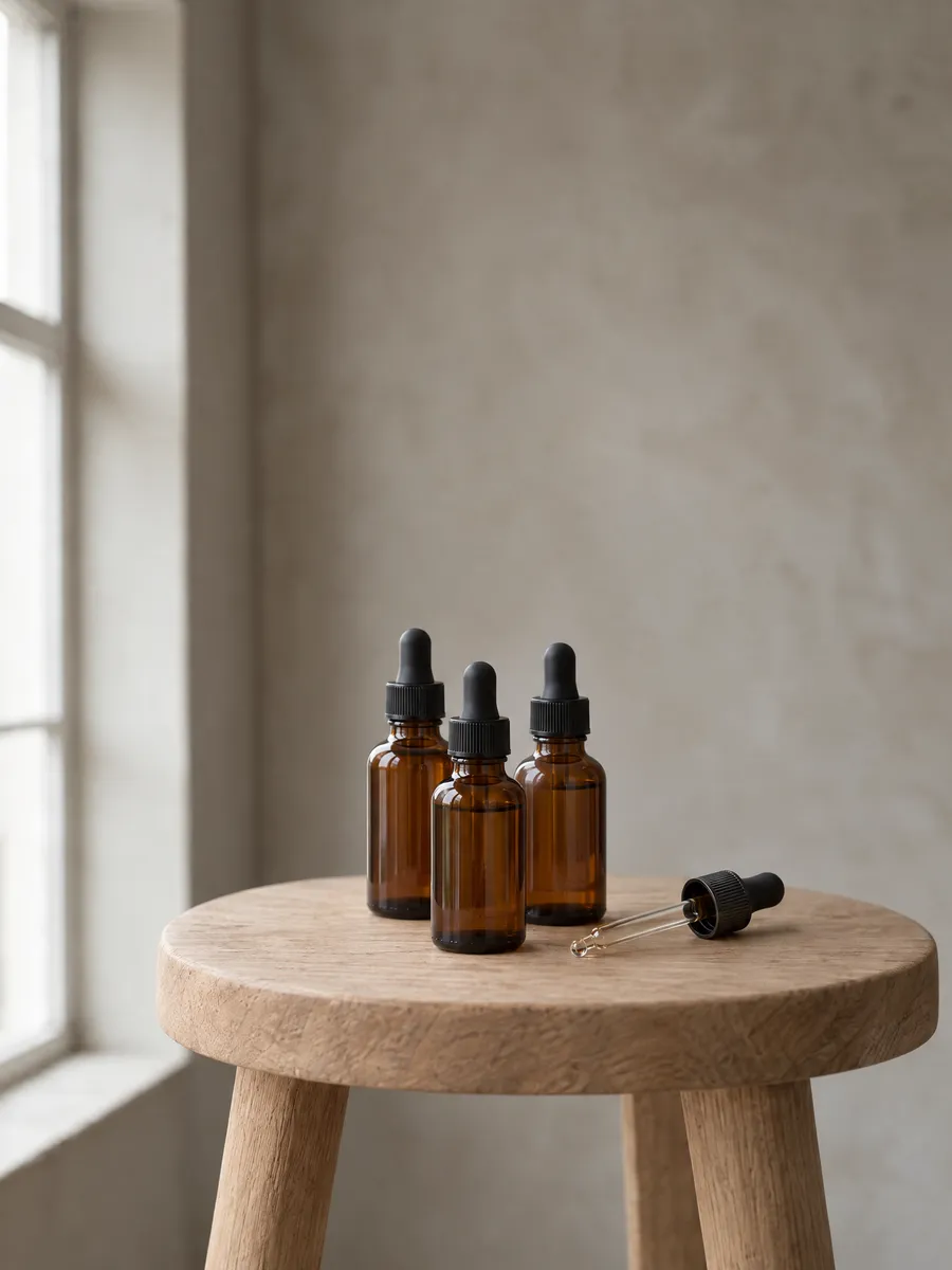 Three unlabeled amber glass dropper bottles on a wooden stool by the window